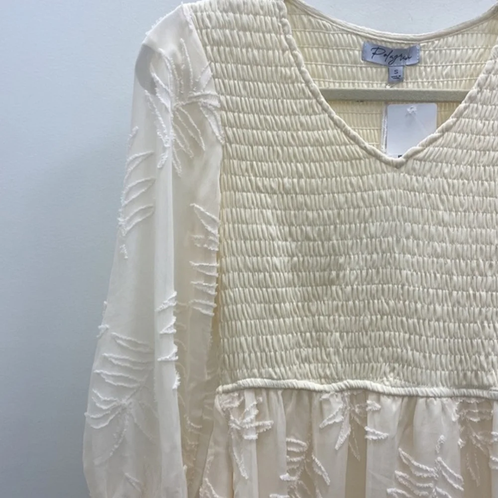 Cream Smocked V-Neck Midi Dress - Picture 2 of 7
